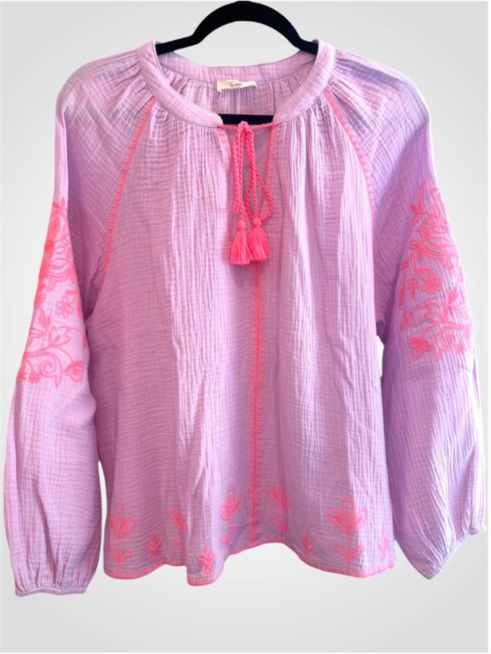 Easel Cotton Gauze Embroidered Long Sleeve Top Size S